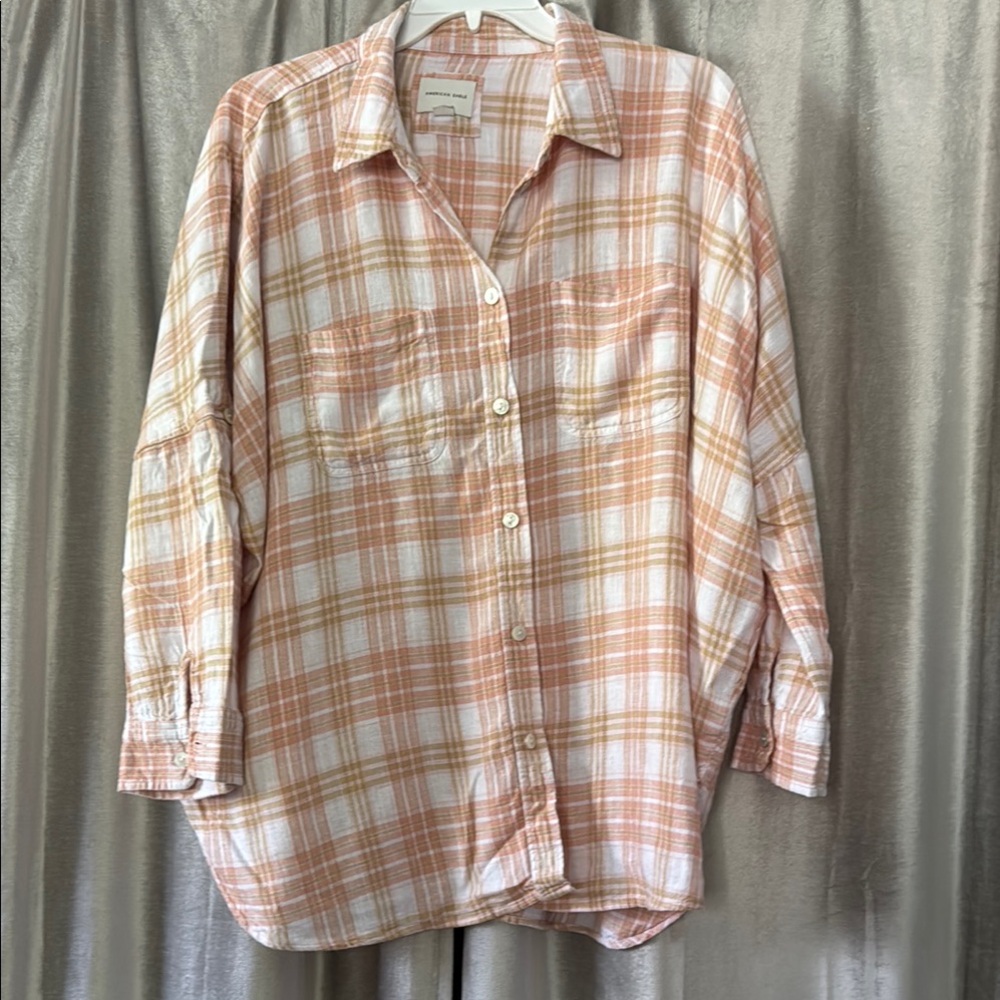 American Eagle Outfitters Plaid Button-Up Shirt - Peach and White